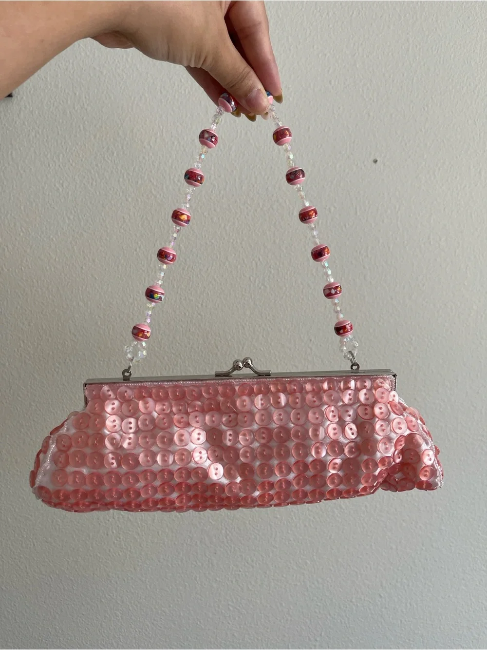 Pink Sequin Beaded Handle Evening Clutch